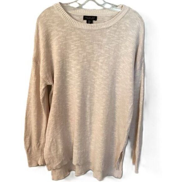 RACHEL ZOE SIZE LARGE BEIGE COTTON LINEN LONG SLEEVE CREW NECK TUNIC SWEATER - Picture 1 of 8